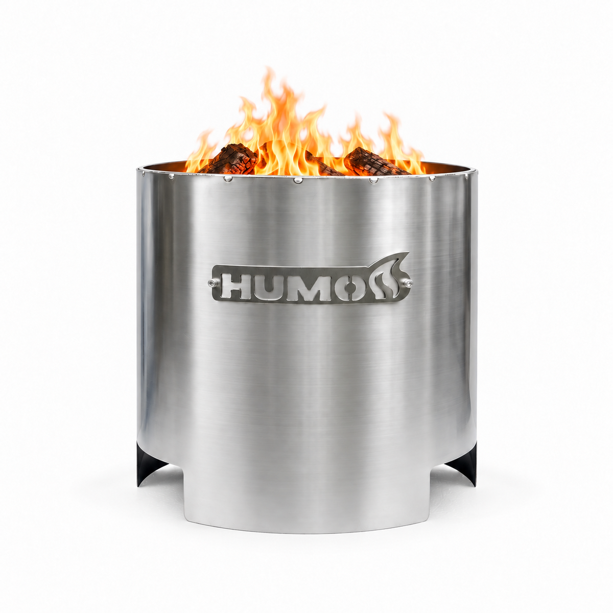Brasero Humos x40 inox con llama baja y leña visible